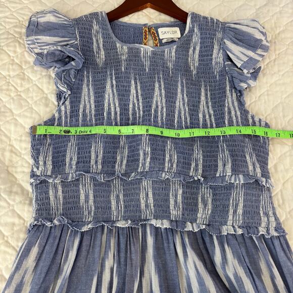 Saylor Large Zinnia Smocked Mini Dress Ikat Indigo Blue Small Flutter Sleeve - Picture 9 of 9